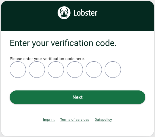 Input field for entering a verification code with a 'Next' button below.